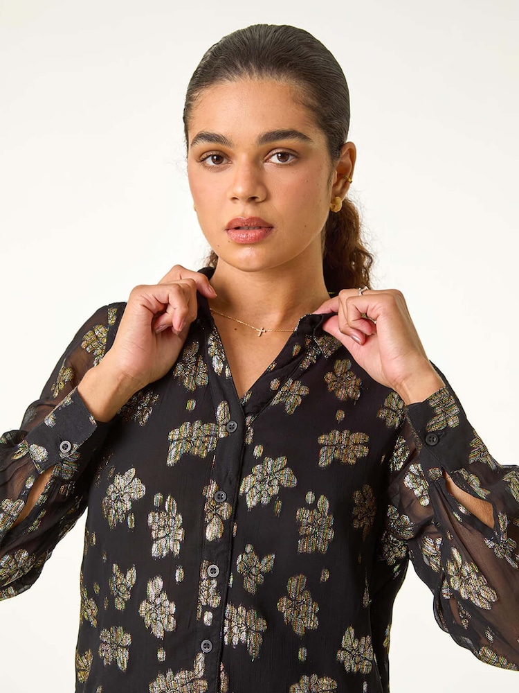 Roman Black Shimmer Foil Floral Shirt - Image 1 of 5