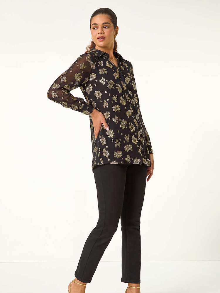 Roman Black Shimmer Foil Floral Shirt - Image 2 of 5