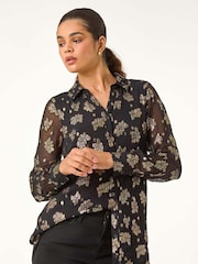 Roman Black Shimmer Foil Floral Shirt - Image 4 of 5