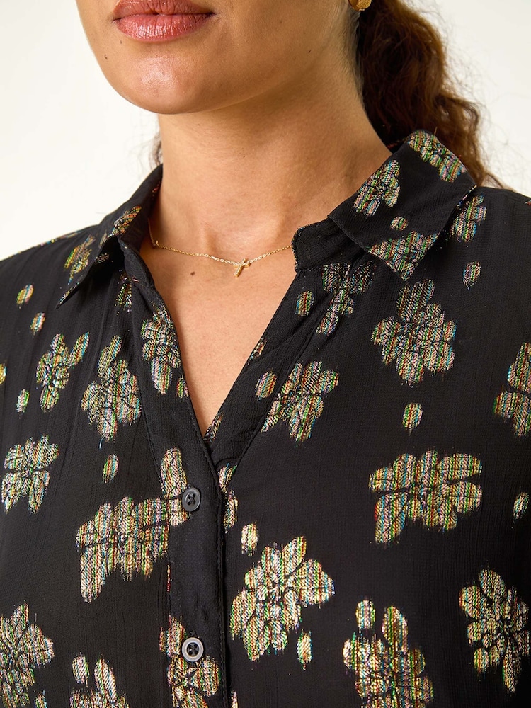 Roman Black Shimmer Foil Floral Shirt - Image 5 of 5
