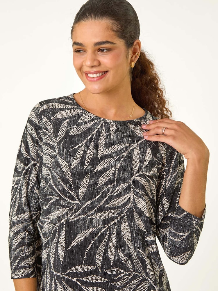 Roman Natural Leaf Print Plisse Top - Image 1 of 5