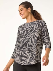 Roman Natural Leaf Print Plisse Top - Image 4 of 5