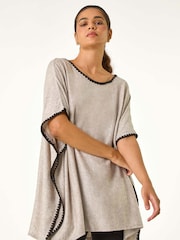 Roman Brown Blanket Stitch Knit Poncho - Image 3 of 6