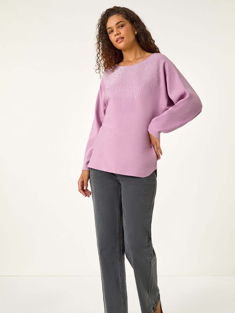Roman Purple Rhinestone Detail Knit Jumper - Image 1 of 5 Roman Purple Rhinestone Detail Knit Jumper - Image 1 of 5