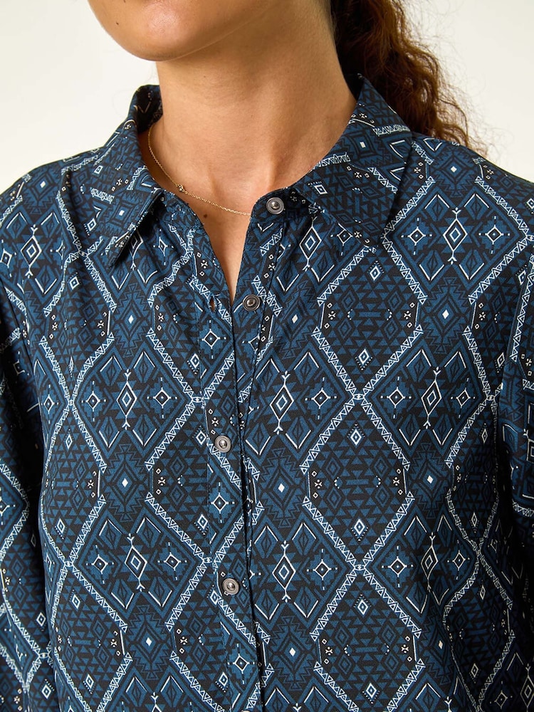 Roman Blue Geometric Print Shirt Dress - Image 5 of 5 Roman Blue Geometric Print Shirt Dress - Image 5 of 5