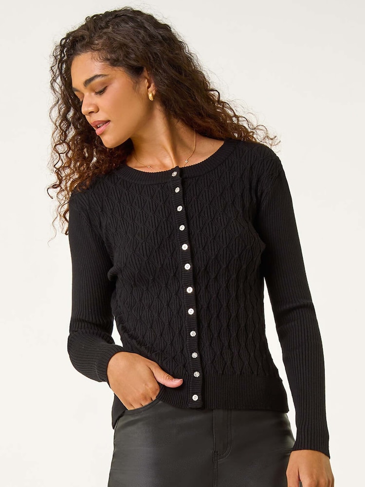 Roman Black Button Front Short Knit Cardigan - Image 1 of 5