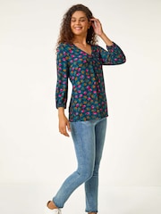 Roman Blue Floral Front Pleat Top - Image 3 of 6