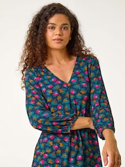 Roman Blue Floral Front Pleat Top - Image 5 of 6