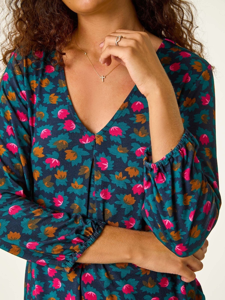 Roman Blue Floral Front Pleat Top - Image 6 of 6