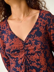 Roman Brown Printed Ruched Front Hanky Top - Image 6 of 6