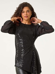 Roman Black Ruched Waist Sparkle Tunic Top - Image 1 of 5