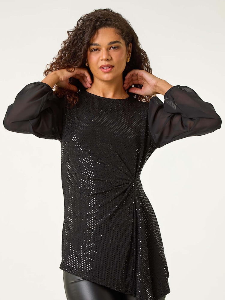 Roman Black Ruched Waist Sparkle Tunic Top - Image 1 of 5