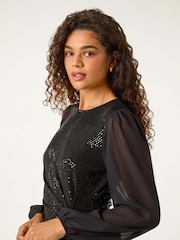 Roman Black Ruched Waist Sparkle Tunic Top - Image 2 of 5