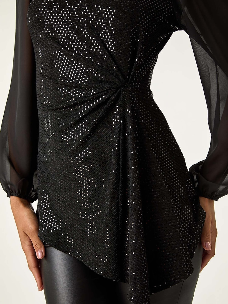 Roman Black Ruched Waist Sparkle Tunic Top - Image 5 of 5