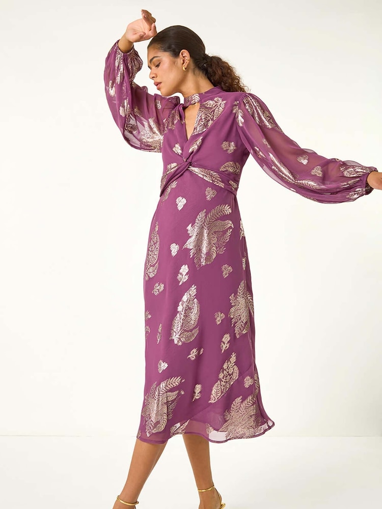 Roman Purple Halterneck Jacquard Bodycon Maxi Dress - Image 1 of 5