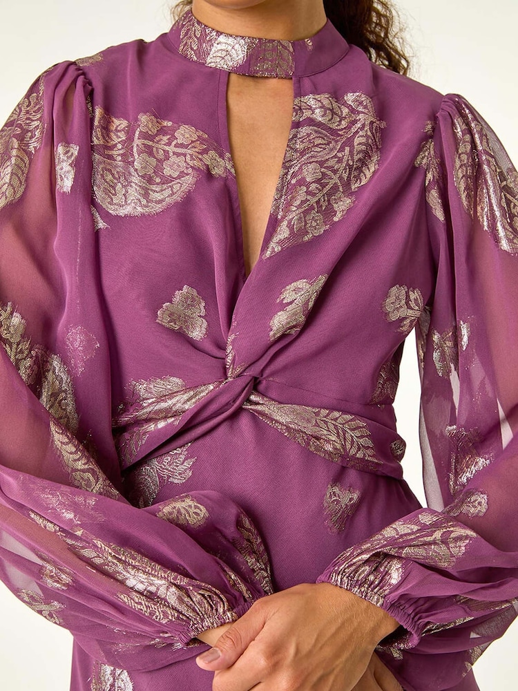 Roman Purple Halterneck Jacquard Bodycon Maxi Dress - Image 5 of 5