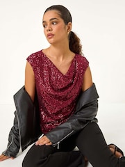 Roman Red Sequin Cowl Neck Stretch Jersey Top - Image 1 of 5