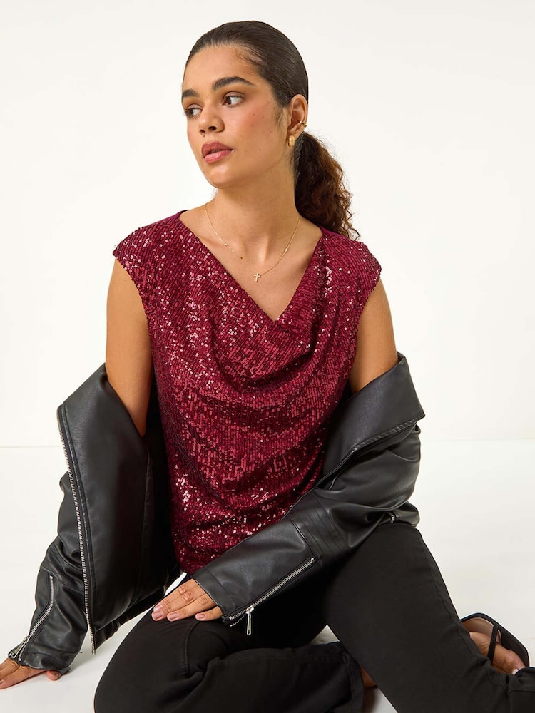 Roman Red Sequin Cowl Neck Stretch Jersey Top - Image 1 of 5