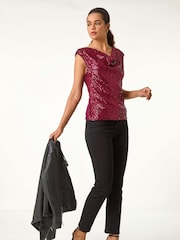 Roman Red Sequin Cowl Neck Stretch Jersey Top - Image 2 of 5
