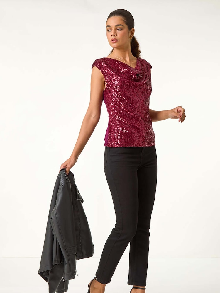 Roman Red Sequin Cowl Neck Stretch Jersey Top - Image 2 of 5