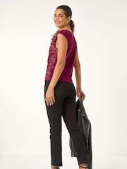 Roman Red Sequin Cowl Neck Stretch Jersey Top - Image 3 of 5