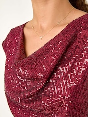 Roman Red Sequin Cowl Neck Stretch Jersey Top - Image 5 of 5