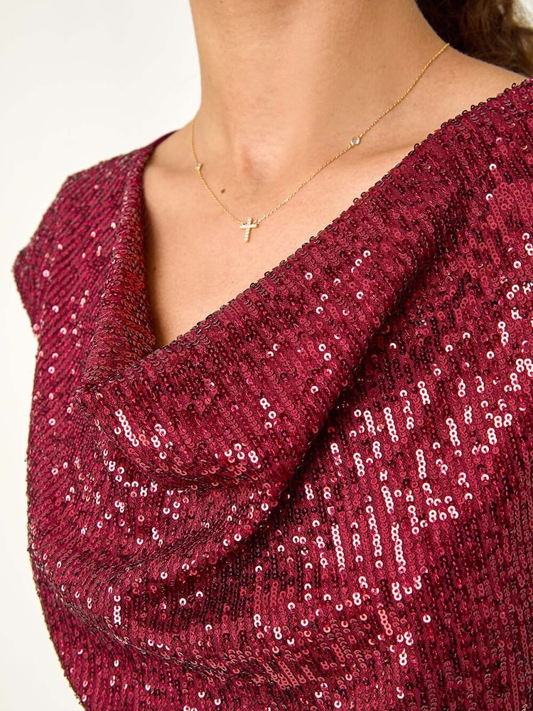 Roman Red Sequin Cowl Neck Stretch Jersey Top - Image 5 of 5