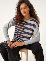 Roman Grey Contrast Stripe Ribbed Snit Top - Image 1 of 6
