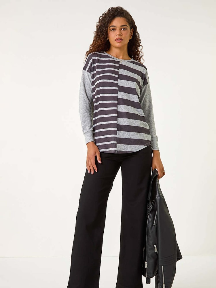 Roman Grey Contrast Stripe Ribbed Snit Top - Image 3 of 6
