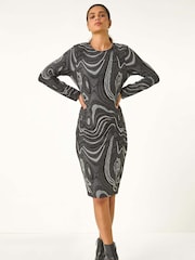 Roman Grey Textured Swirl Pattern Stretch Midi Dress - Image 1 of 6