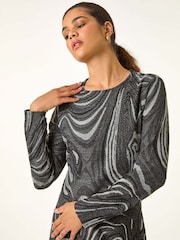 Roman Grey Textured Swirl Pattern Stretch Midi Dress - Image 4 of 6