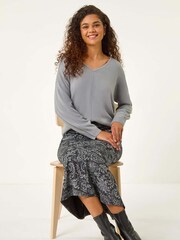 Roman Grey Leaf Print Paneled Tulip Skirt - Image 1 of 5