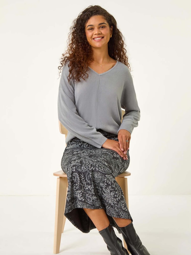 Roman Grey Leaf Print Paneled Tulip Skirt - Image 1 of 5