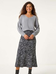 Roman Grey Leaf Print Paneled Tulip Skirt - Image 2 of 5