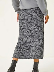Roman Grey Leaf Print Paneled Tulip Skirt - Image 3 of 5