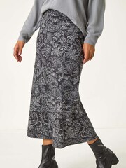 Roman Grey Leaf Print Paneled Tulip Skirt - Image 4 of 5