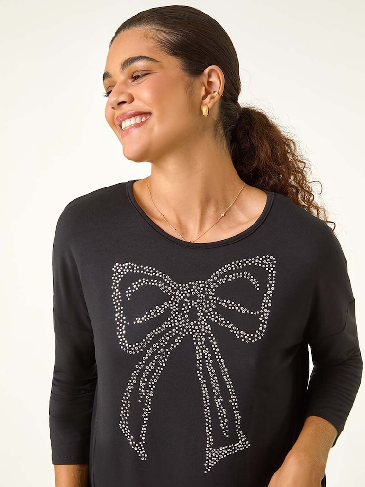 Roman Black Hotfix Embellished Bow T-Shirt - Image 1 of 6