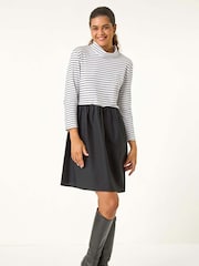 Roman Black Contrast Stripe Smock 100% Cotton Midi Dress - Image 1 of 6