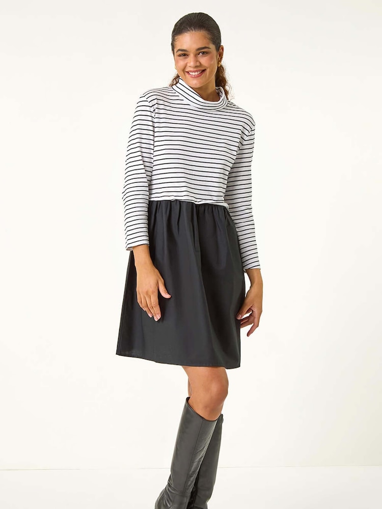 Roman Black Contrast Stripe Smock 100% Cotton Midi Dress - Image 1 of 6