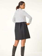 Roman Black Contrast Stripe Smock 100% Cotton Midi Dress - Image 3 of 6