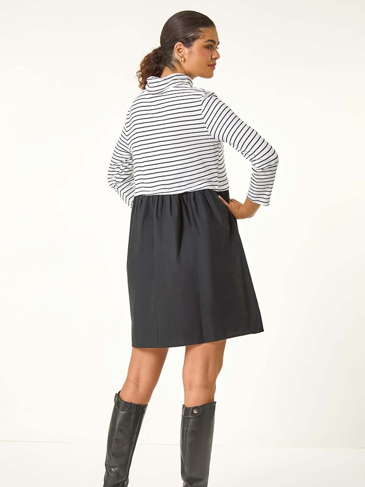 Roman Black Contrast Stripe Smock 100% Cotton Midi Dress - Image 3 of 6
