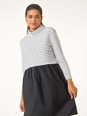 Roman Black Contrast Stripe Smock 100% Cotton Midi Dress - Image 4 of 6