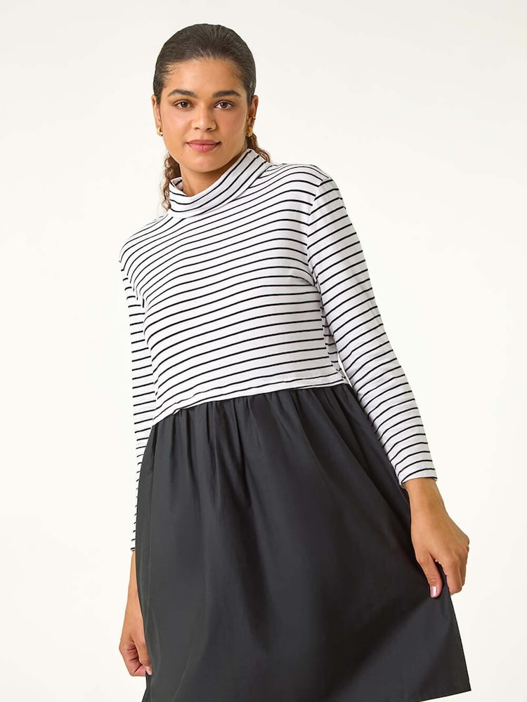 Roman Black Contrast Stripe Smock 100% Cotton Midi Dress - Image 4 of 6