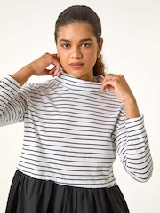 Roman Black Contrast Stripe Smock 100% Cotton Midi Dress - Image 5 of 6