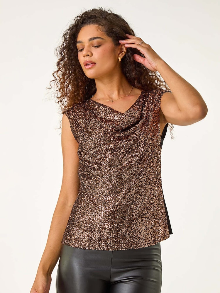 Roman Metallic Sequin Cowl Neck Stretch Jersey Top - Image 5 of 5