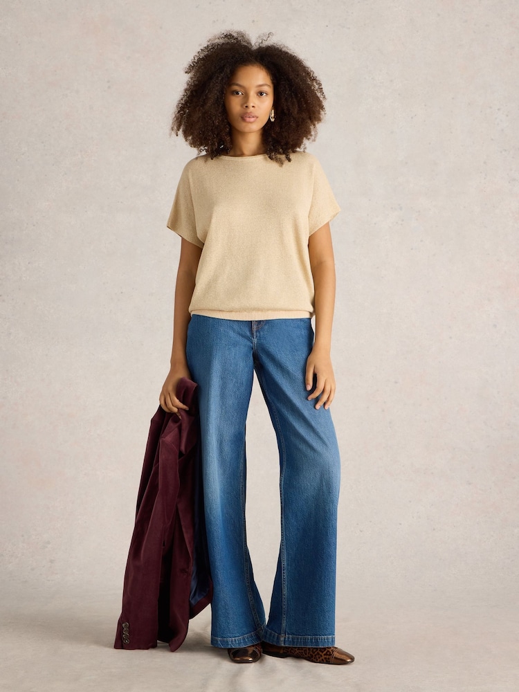 White Stuff Gold Lena Sparkle Knit T-Shirt - Image 1 of 6