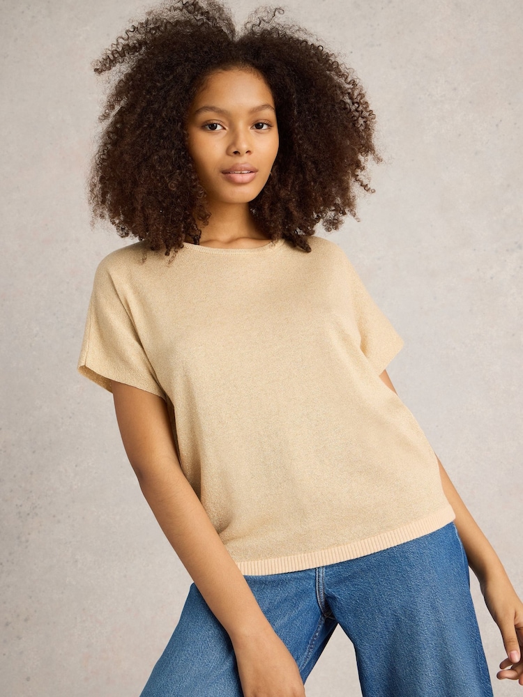 White Stuff Gold Lena Sparkle Knit T-Shirt - Image 4 of 6