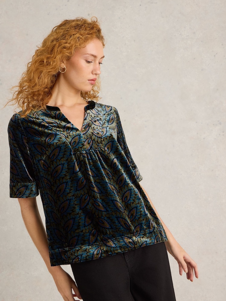 White Stuff Green Ash Printed Velvet Top - Image 1 of 6