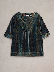 White Stuff Green Ash Printed Velvet Top - Image 5 of 6