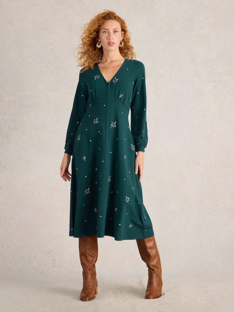 White Stuff Green Megan Embroidered Jersey Dress - Image 1 of 6 White Stuff Green Megan Embroidered Jersey Dress - Image 1 of 6